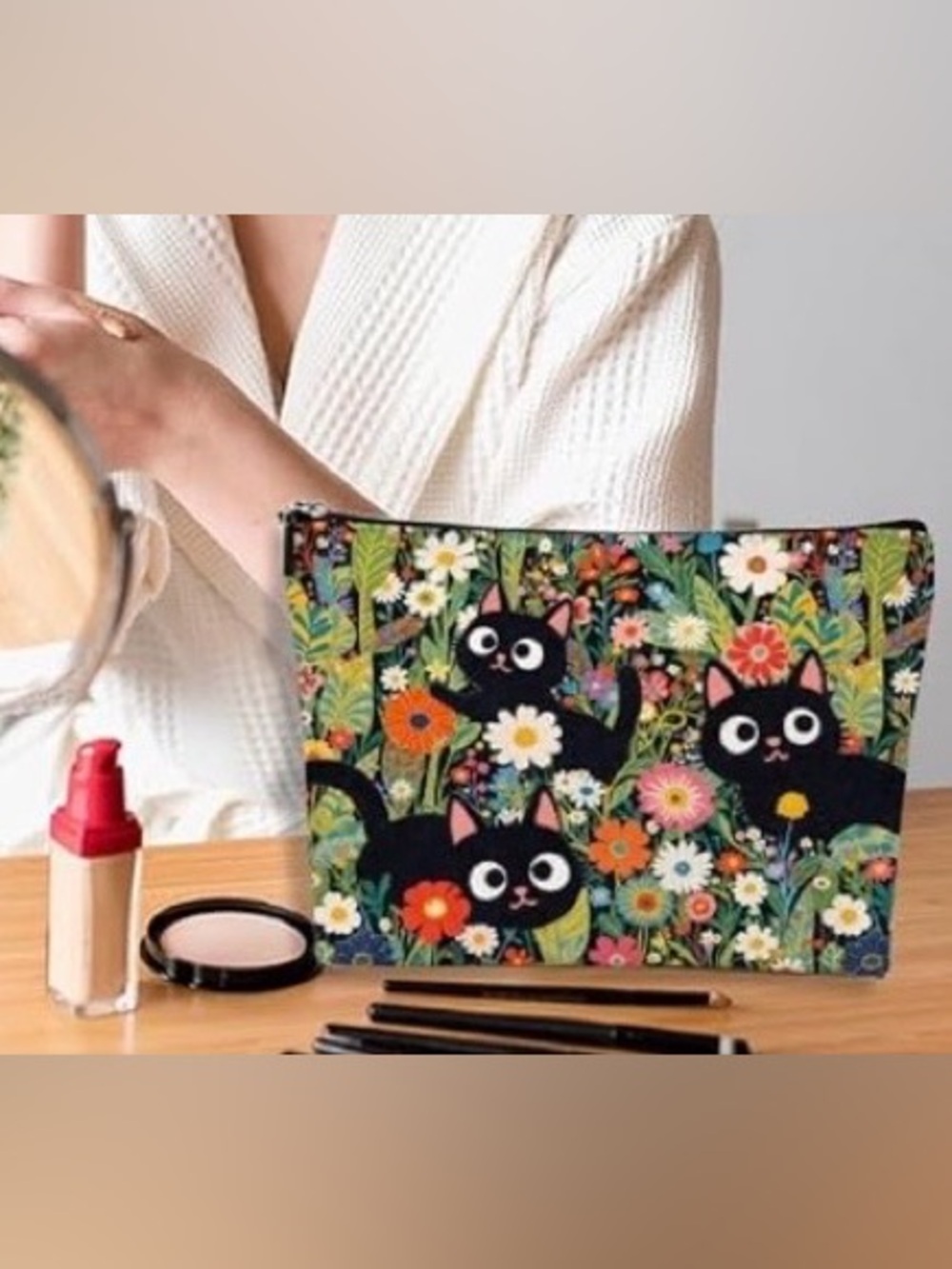 Cute Floral Black Cat Cosmetic Pouch. Coordinates w/ Tote!! Fully lined 🐈⬛🐈⬛